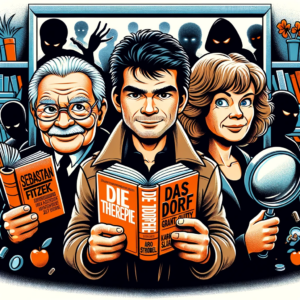 Thriller-Autoren Sebastian Fitzek, Arno Strobel und Karin Slaughter in einem Cartoon-Stil, jeder mit einem seiner ikonischen Bücher