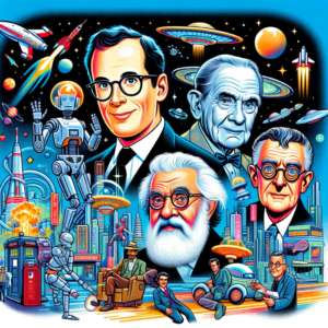 Karikaturen von Isaac Asimov, Philip K. Dick, Arthur C. Clarke und H.G. Wells, umgeben von Elementen aus ihren berühmten Werken