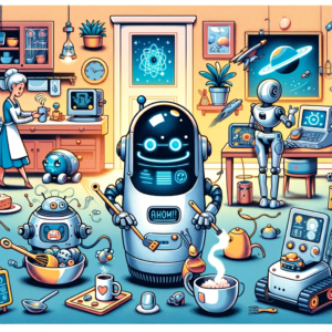 fantasievolle Sci-Fi-Szenerie mit verschiedenen futuristischen Geräten und Maschinen, darunter einen Roboter, der Frühstück zubereitet, eine Haushaltsreinigungs-Drohne und einen superintelligenten Computer wie HAL 9000.