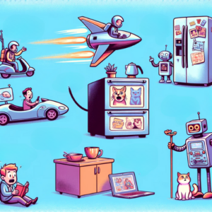 verschiedene futuristische Gadgets, die in normalen Alltagssituationen verwendet werden, einschließlich einer Person mit einem Jetpack, einem sprechenden Kühlschrank, einem Roboter-Haustier, das Katzenbilder online betrachtet, und einem nachdenklichen intelligenten Toaster